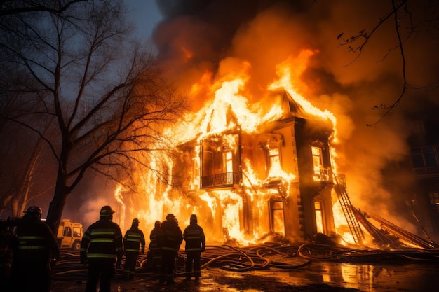 Photo a fire service man heroes in protective workwear fight dangerous flames outdoors