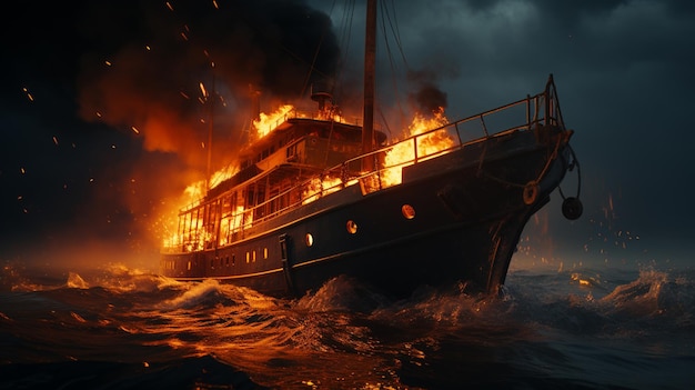 Fire on ship at the sea