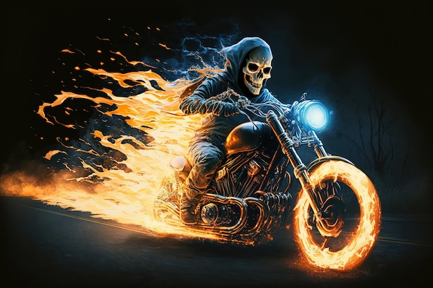 Fire skeleton rider on motorcycle scary ghost biker riding at n