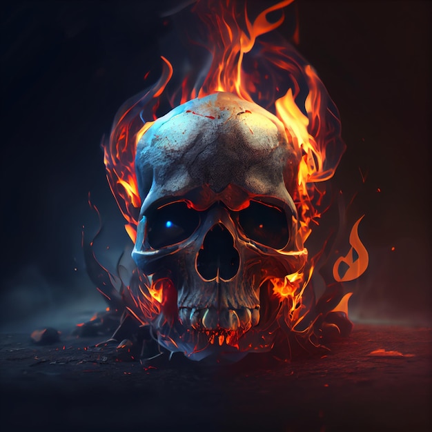 A fire skull is on fire with a black background.