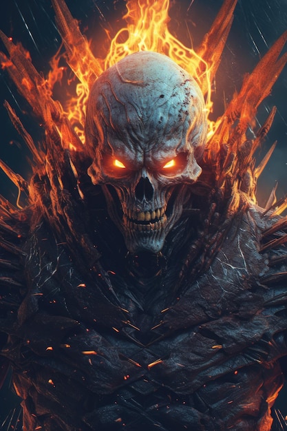 A fire skull with flames on his face