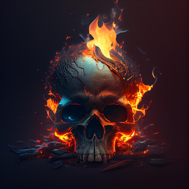 A fire skull with flames on it is in a dark background.