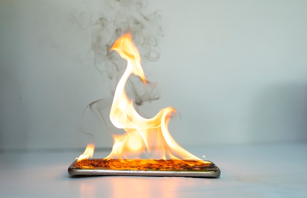 on fire smart phone screen is cracked