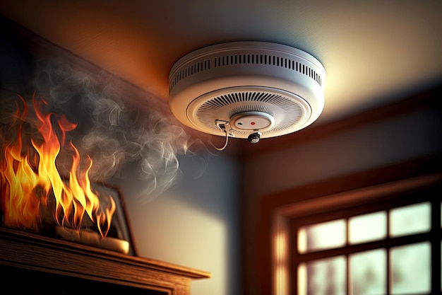 Fire and smoke alarm sensor on ceiling