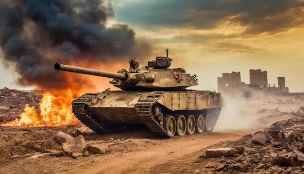 fire and smoke in the desert military special forces tank with war in city with sunset sky