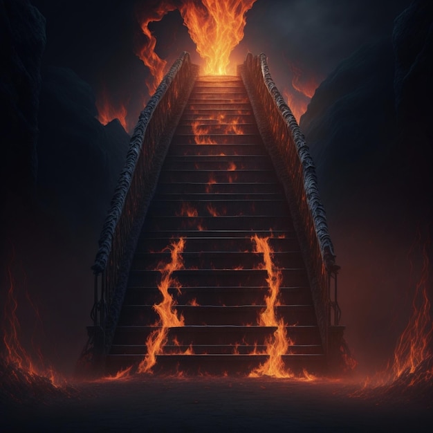 A fire staircase with the words hell on the bottom