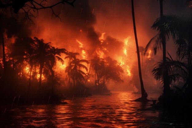 Photo fire and storm in rainy forest at night climat change