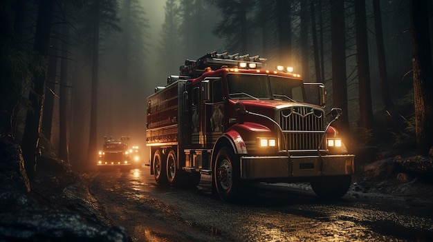 A fire truck driving through a forest