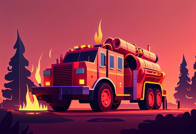 Пожарная машина тушит пожар в лесу