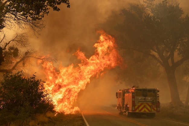 Photo fire truck extinguishing forest fire