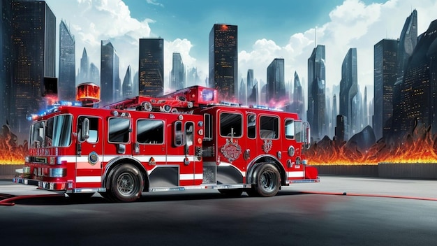 A fire truck in a futuristic city