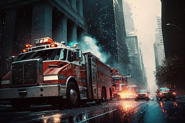 Пожарная машина мчится по оживленному центру города с ревом сирен