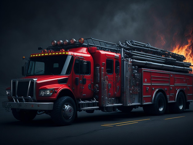 Fire truck with flames on a dark background