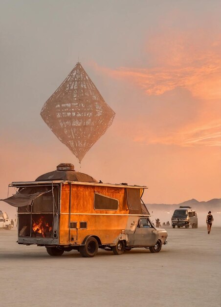 Photo a fire truck with a pyramid in the background