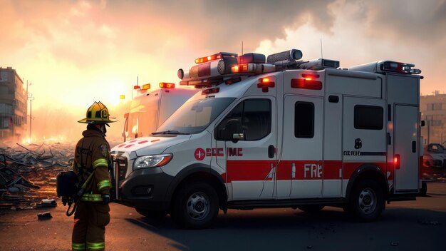 Fire trucks are parked in front of a fire truck.