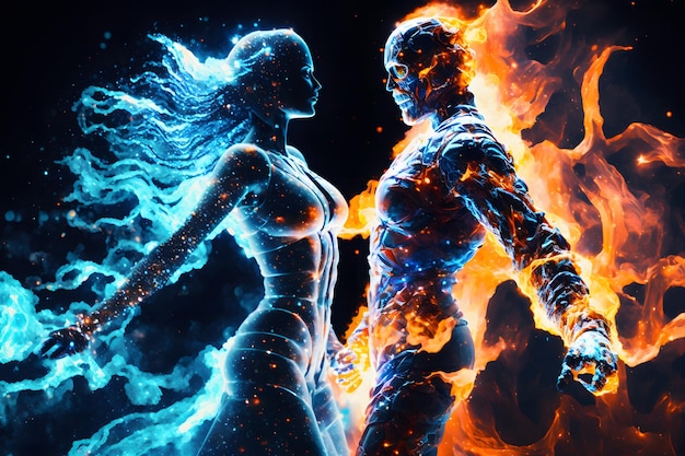 Fire and water in the form of fighting people Yin Yang symbol Neural network AI generated