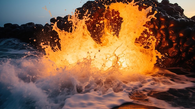 Photo a fire and water splashing out of the ocean generative ai art