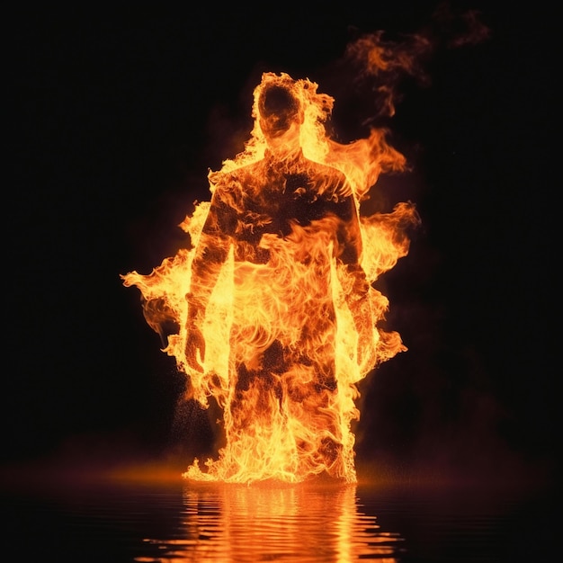 a fire in the water with a man in a suit on it