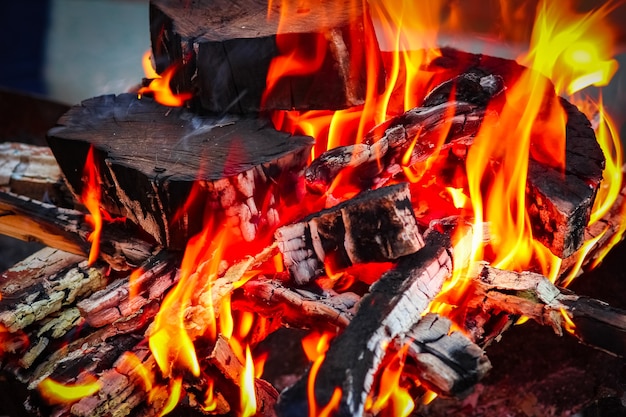 自然のピクニックの背景に石炭と火の火。路上で食べ物のために焚き火を燃やす