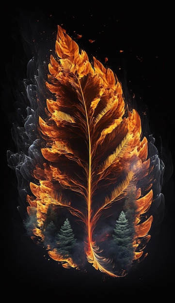 A fire with a feather on it is lit up with a black background.