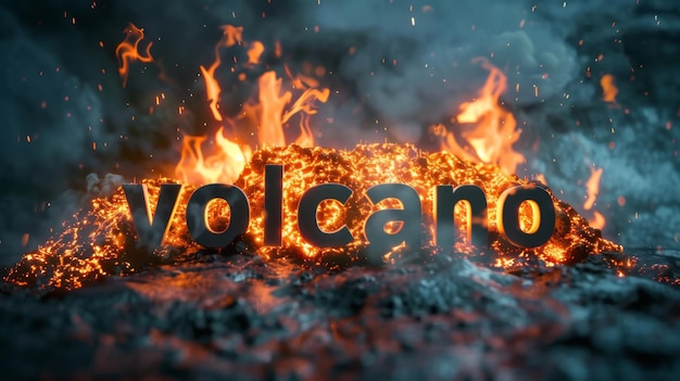 a fire with the word volcano in the middle