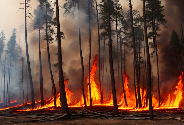 森の火事で木々が燃える自然災害