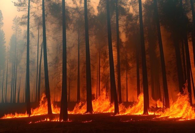 Fire in the woods burning trees a natural disaster