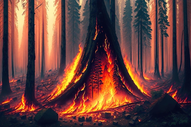 A fire in the woods is lit up by the flames.