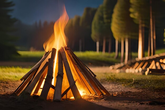 a fire in the woods with a forest background