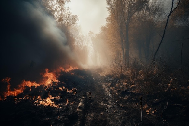Пожар в лесу на фоне человека