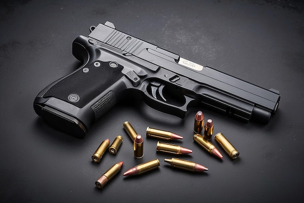 Огнестрельное оружие на темном фоне Верхний вид пистолета и патрона с пулями