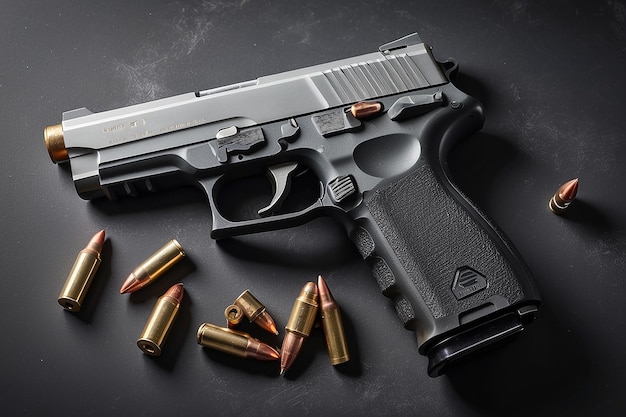 Firearms on dark background Top view of gun and cartridge with bullets