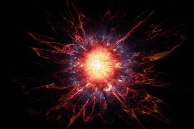 A fireball is surrounded by a red and blue explosion.