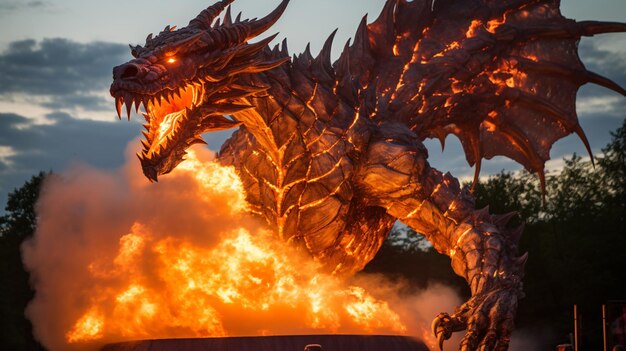 Foto la palla di fuoco è stata soffiata dalla scultura del drago.