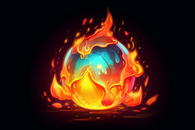 Огненный шар с пламенем на черном фоне, генеративный искусственный интеллект