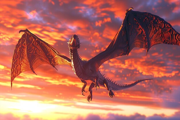 Firebreathing dragon soaring through a vibrant sun