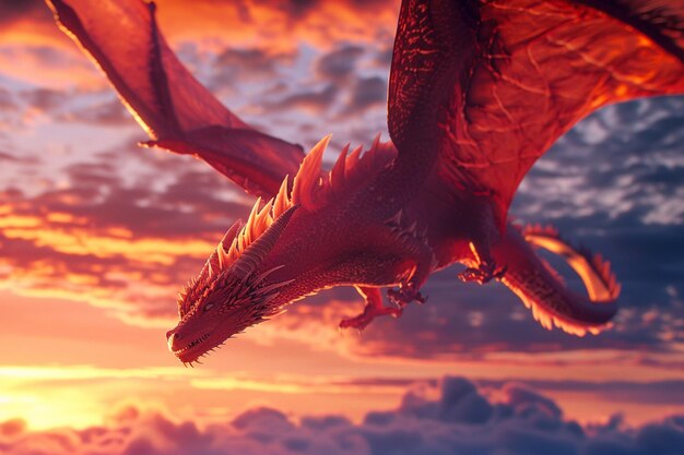 Firebreathing dragon soaring through a vibrant sun