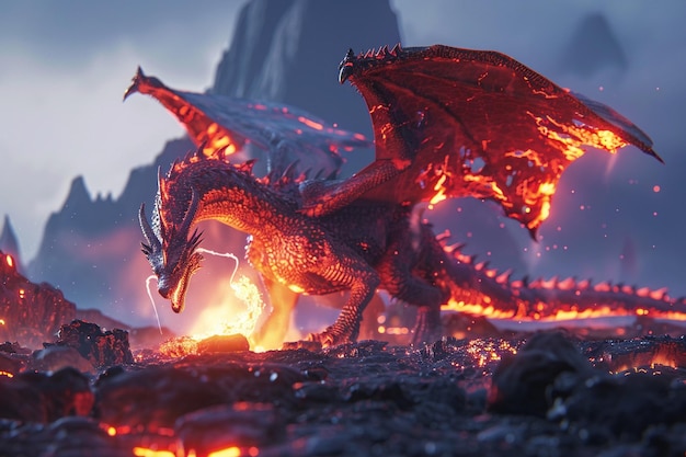 Firebreathing dragon in a volcanic landscape octan