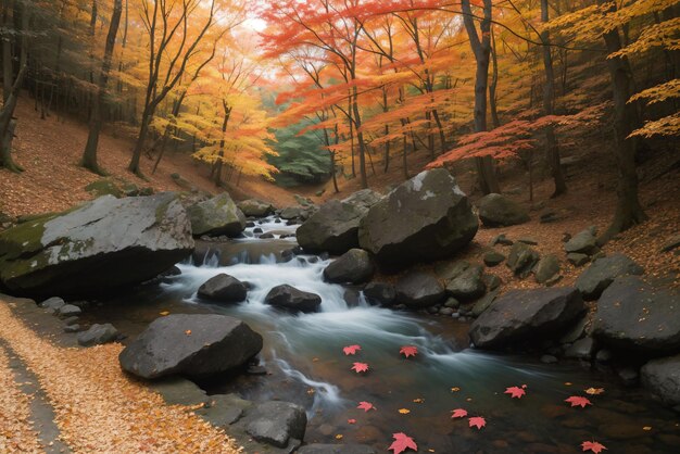 Photo firecolored leaves fluttering down a babbling brook