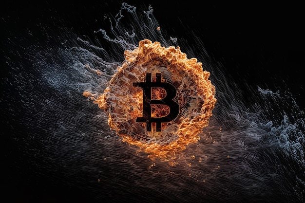 Fired up bitcoin falling over a dark background