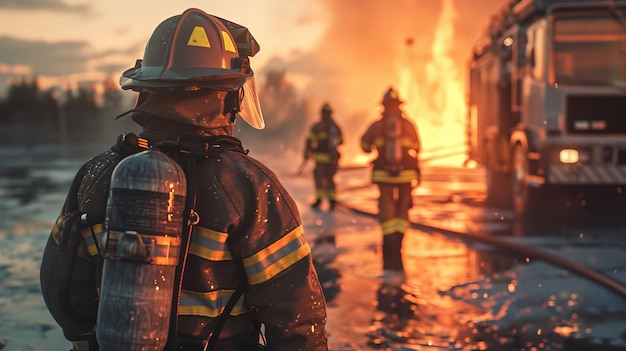 Firefighter in action at dusk is AI Generative