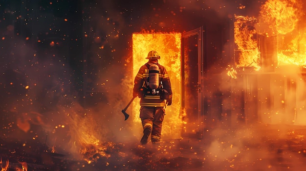 Firefighter in action fighting a fire in a burnt house Generative AI illustrations