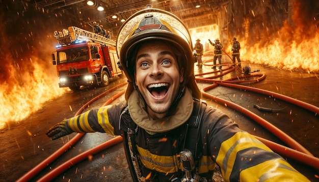 消防士が挑戦的な火災を成功裏に消し去る際に喜びを放つ