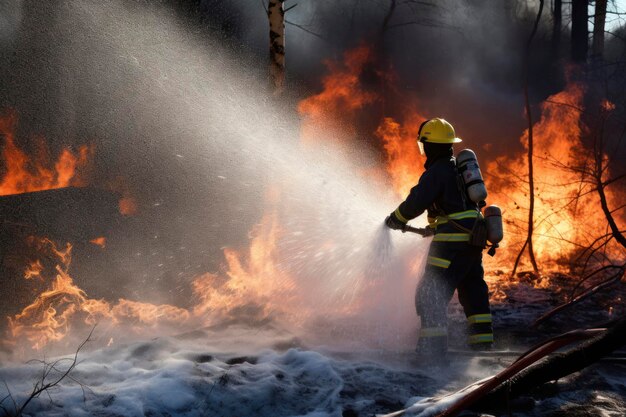 写真 森の家で起きた火を消し去るための泡のホースを使った消防士の作業