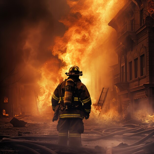 消防士の後ろの景色 燃えている建物 巨大な火災