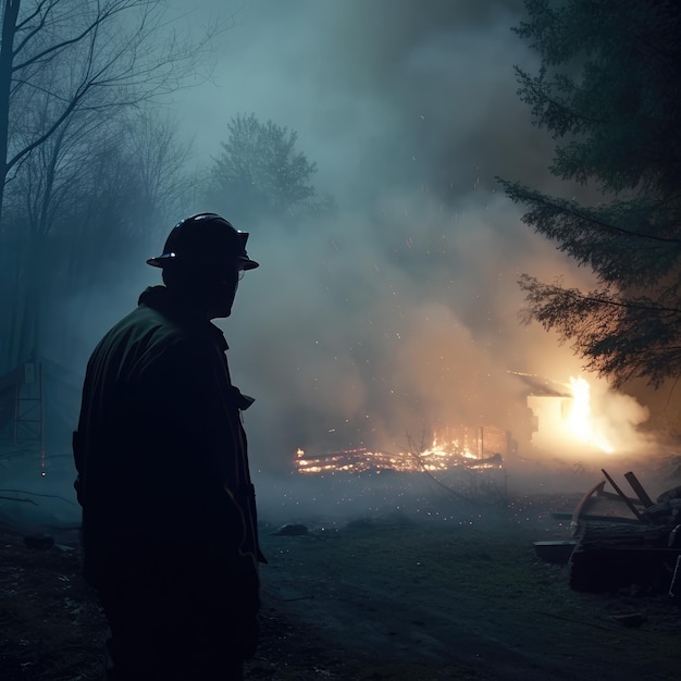 Пожарный на фоне горящего объекта ночью генеративный ай