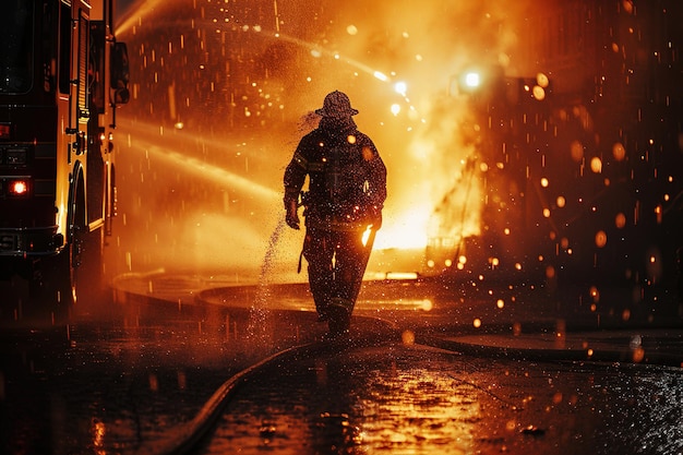 A firefighter battles a blaze at dusk water glittering in the light