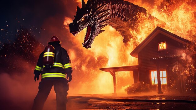 Firefighter bravely confronts sinister fire dragon amidst house fire symbolizing heroic struggle