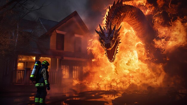 Photo firefighter bravely confronts sinister fire dragon amidst house fire symbolizing heroic struggle