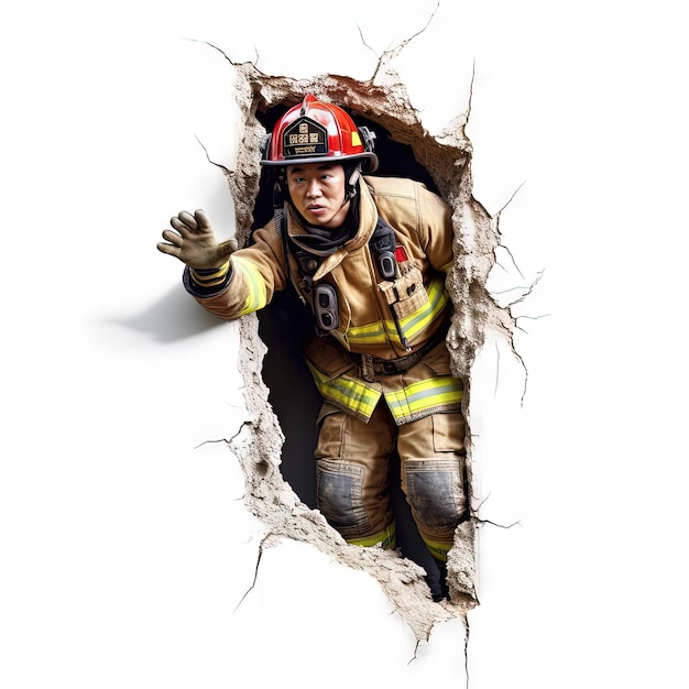 Firefighter breaking in white background